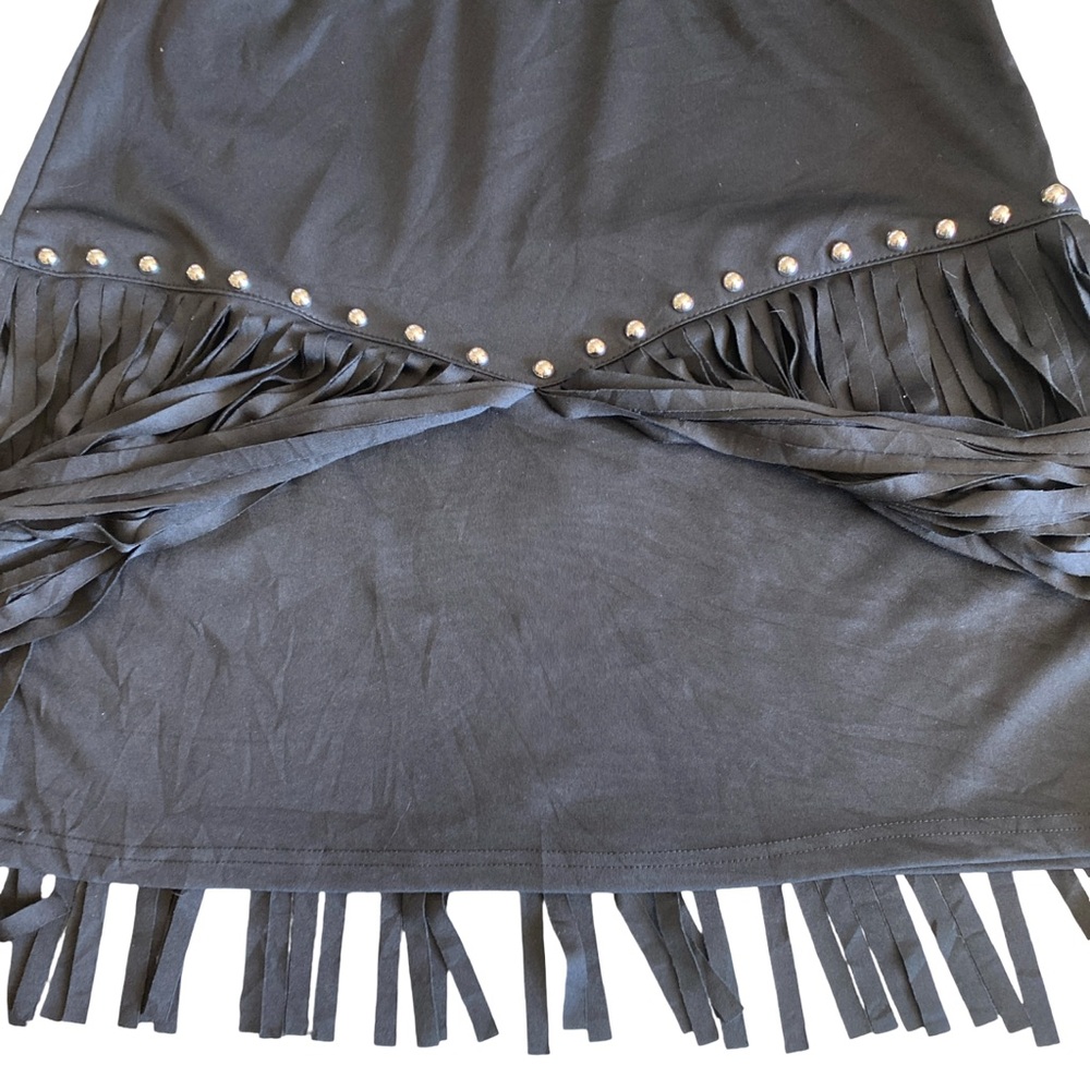 Black Fringe Stud Mini Skirt Festival‎ Western Boho Silver Studs Stretch 2XL - Picture 5 of 7